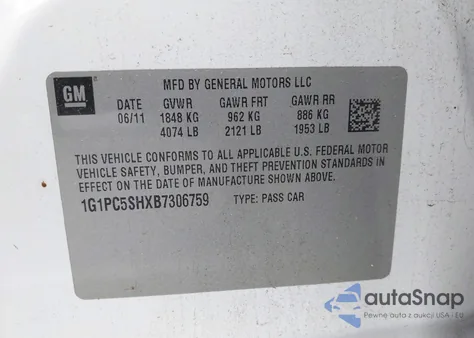 2011 Chevrolet Cruze Ls z USA, uszkodzony, nr VIN 1G1PC5SHXB7306759